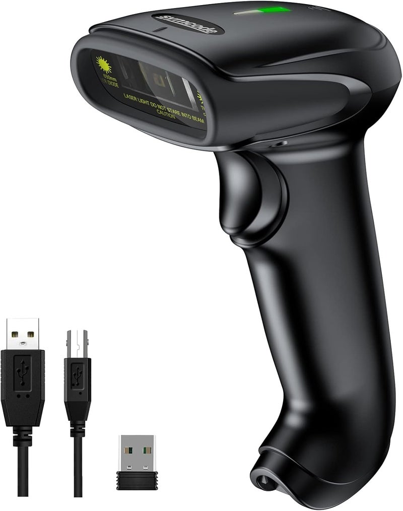 symcode Wireless Barcode Scanner Versatile 2-in-1 (2.4Ghz Wireless+USB 2.0 Wired) Handheld Automatic 1D Laser Barcode Scanner 328 Feet Transmission Distance Rechargeable 1D Laser Bar Code Scanner - Image 1
